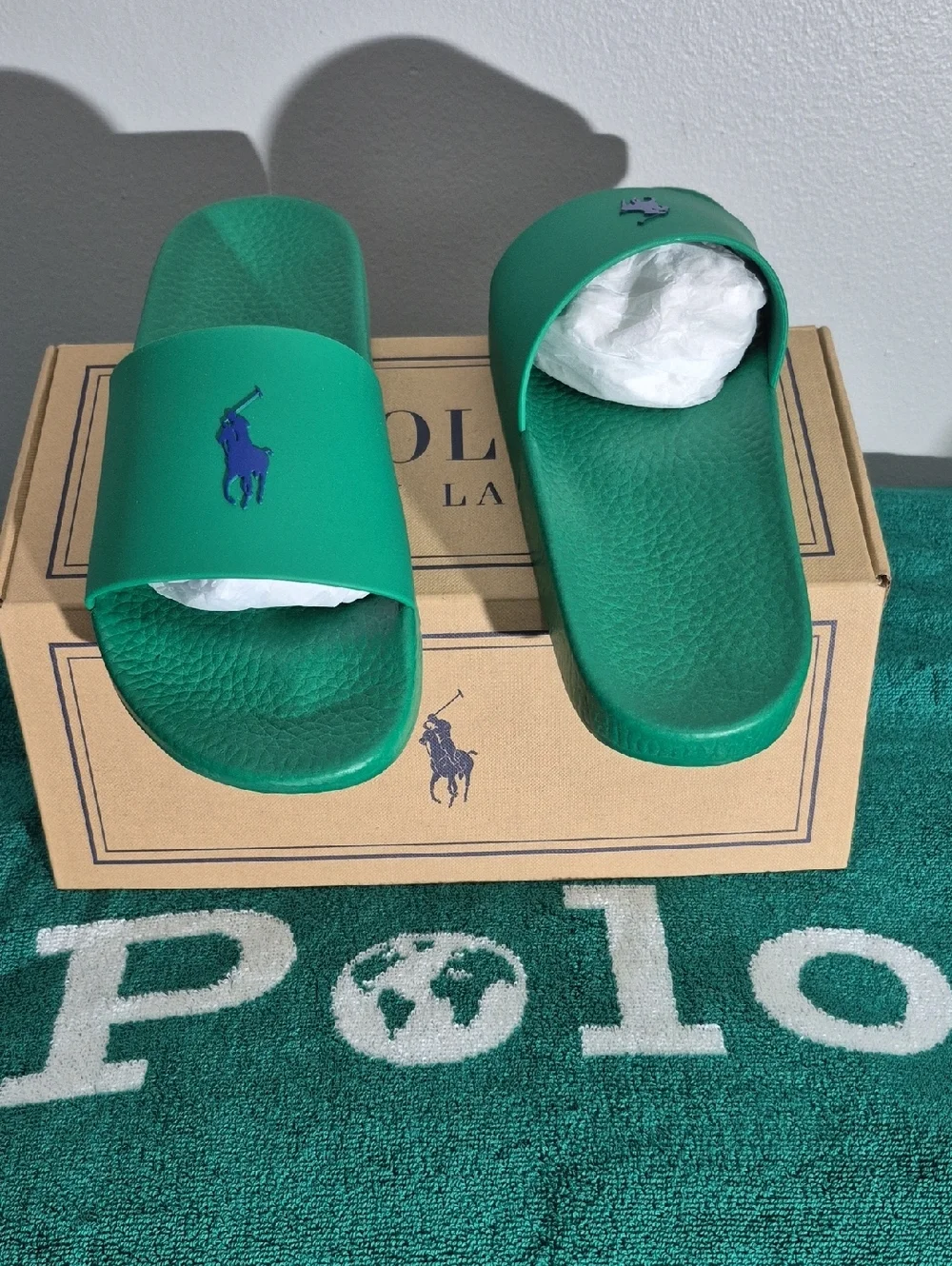 Polo by Ralph Lauren Green Slide Sandals with Blue Logo